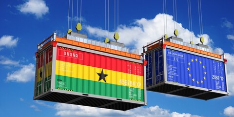 Shipping containers with flags of Ghana and European Union - 3D illustration