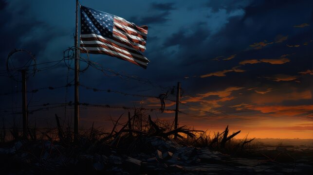 Night scene with a shabby american flag flying over a dark battlefield