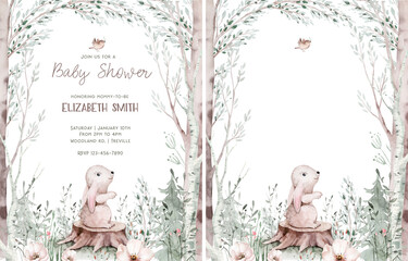 Woodland cartoon bunny Animals watercolor illustration template. Pre made frame for baby shower, birthday invitation kids baby rabbit in the forest. - 725678511