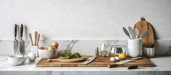 Knives, boards and kitchen utensils in the corner of the table on a white marble wall background