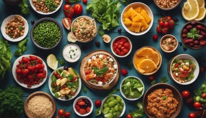 Assortment of healthy food dishes. Top view. Free space for your text - Powered by Adobe