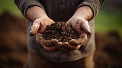 Farmer holding soil in hands close-up. Male hands touching soil on the field. - obrazy, fototapety, plakaty