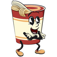 vector isolated clip art illustration of cute instant noodles cup mascot folding his arms calmly, work of handmade
