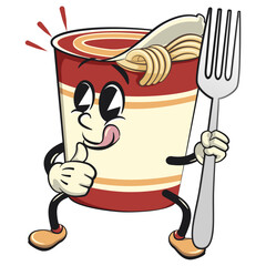 vector isolated clip art illustration of cute instant noodles cup mascot giving a thumbs up and holding a fork, work of handmade
