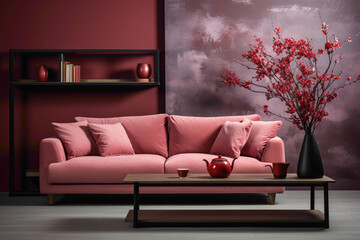 Experience tranquility with a living room adorned with a soft color red sofa and a stylish table, set against an empty backdrop ready for your personalized text.