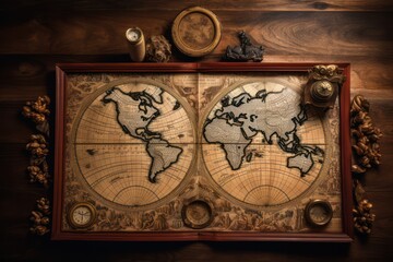 Old world map engraved on worn wooden surface in rustic style