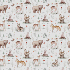 Watercolor Woodland animals seamless pattern. Fabric wallpaper forest with baby deer. Owl, fox and butterfly, Bunny rabbit set of forest, bear and bird baby animal Nursery - 725679780