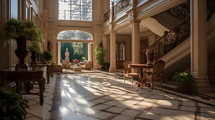 Interior of a luxurious villa with a beautiful garden in the foreground