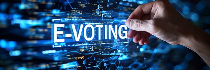 Shining e voting text with holograms, hand pressed, dark blue background, secure e voting concept.