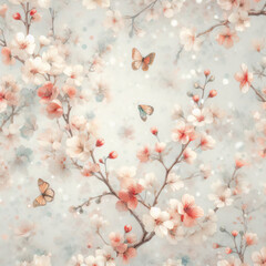 Fototapeta premium 桜と蝶と雪のイラスト