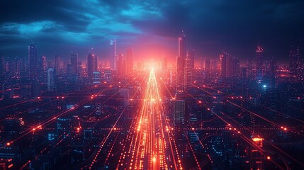 Futuristic smart city powered by 5G wireless network technology. The scene is bustling with high-speed internet connectivity. - obrazy, fototapety, plakaty