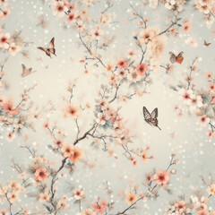 桜と蝶と雪のイラスト - obrazy, fototapety, plakaty