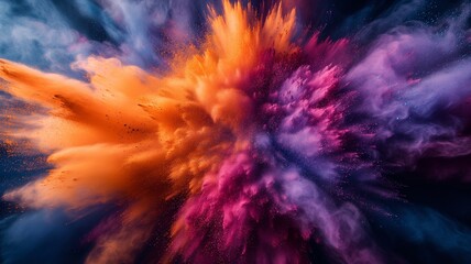Colored powder explosion. Abstract closeup dust on backdrop.