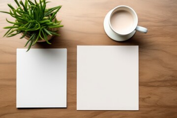 Obraz na płótnie Canvas Blank paper copy space template with minimalist interior potted plant decoration on a wooden table. Stationary mock up.