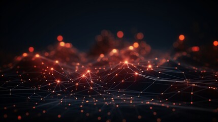Visualization of a data technology theme, abstract design with 3D rendered connecting dots and lines, set on a dark background - Powered by Adobe