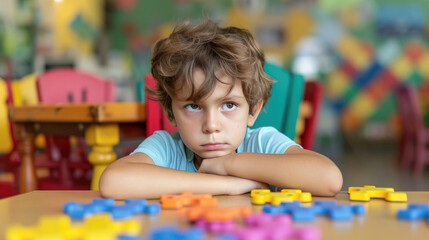 A brooding lonely upset boy in kindergarten is sitting alone at a desk with colored puzzles. Inability to communicate socially. Antisocial children with autism syndrome