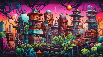 Cartoon illustration of graffiti fantasy world flats house building.