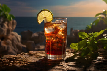 Cuba libre cocktail on a beach at sunset
