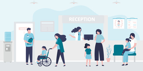 Clinic reception, hospital hall. Various patients and medical staff in the lobby of medical clinic. People customers talk to doctors and nurses.