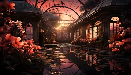 Fototapeten 3D render of a greenhouse with flowers and reflection in the water © Michelle
