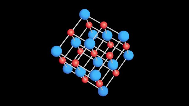 Crystal lattice molecule grid rotates. Sodium chloride rock salt. 4K FullHD and HD render footage animation on black