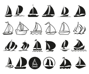 Set of boats setting sail in the sea sailboat silhouettes vector illustration - obrazy, fototapety, plakaty
