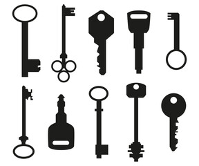 Set of antique and modern keys for different locks, vintage style key silhouettes