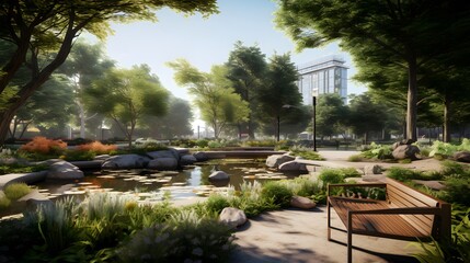 Panoramic view of a park with a bench and a pond