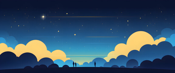 illustration of Golden Clouds Adorning the Starry Night Sky Over Rolling Hills