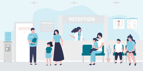 Kids clinic reception, hospital hall. Various children patients with parents and medical staff in the lobby of medical clinic. People talk to doctors and nurses.