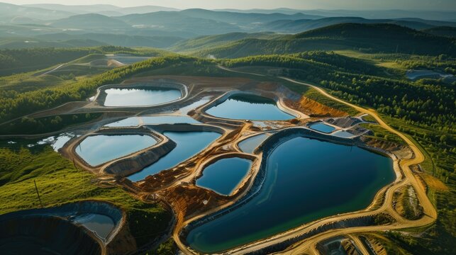 Aerial shot of colorful tailings ponds in titanium mine surrounded by greenery and roads in mining area