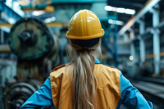 
Back View Of A Female Engineer Close-up Of Machinery Industrial, Instagram Style