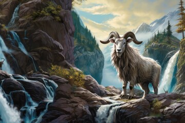 A wild mountain goat in scenic wilderness exploring the rocky landscape.	
 - obrazy, fototapety, plakaty