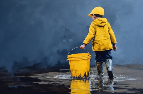 A young girl dressed in bright yellow clothing stands on the edge of a river, holding a bucket as she gazes into the water with curiosity and wonder