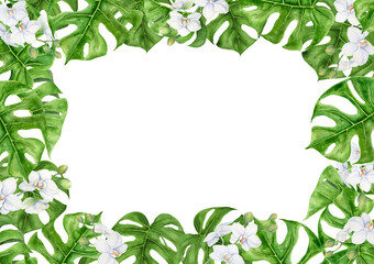 Green Palm and Monstera leaves, white orchid flowers. Watercolor hand drawn frame of tropical plants for travel guides, spa, massage salon prints, wedding invitations. Jungle liana clip art.