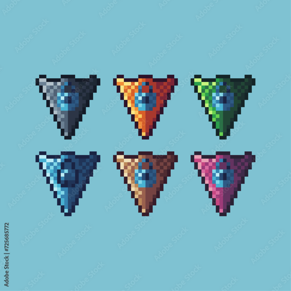 Poster pixel art sets icon of lock shield variation color. locked shield icon on pixelated style. 8bits per