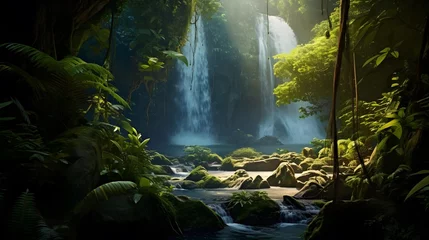 Foto auf Acrylglas Panorama of a beautiful waterfall in a tropical rainforest, long exposure © Michelle