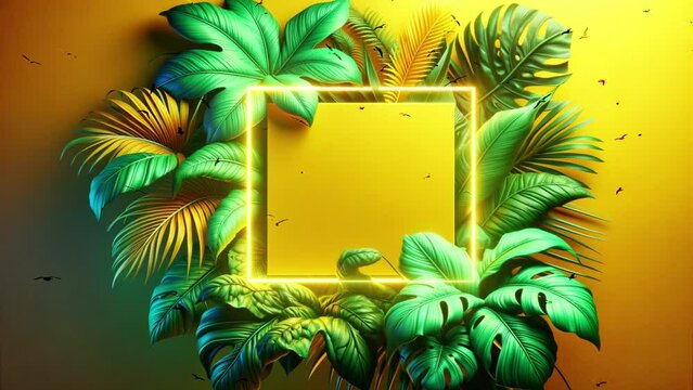 Yellow tropical background with green leaves and neon frame. Birds are flying.