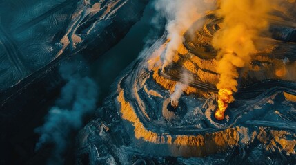Aerial view of sulfur mining with smoke and vibrant mineral layers.
