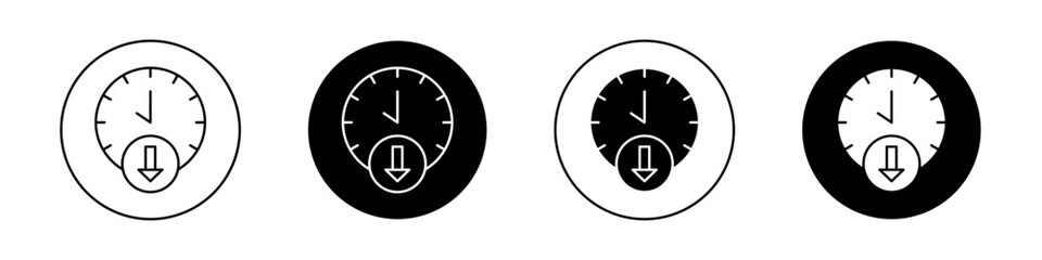 Less time icon set. Reduce clock hourglass and low time vector symbol in a black filled and outlined style. Time reduction circle stop watch sign.