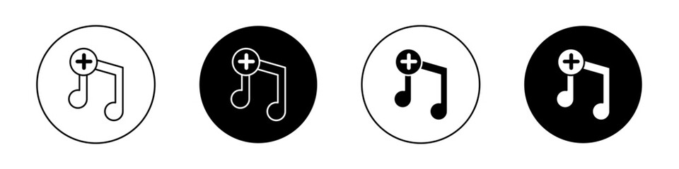 Add music icon set. Add audio and music media vector symbol in a black filled and outlined style. Music adding app sign.