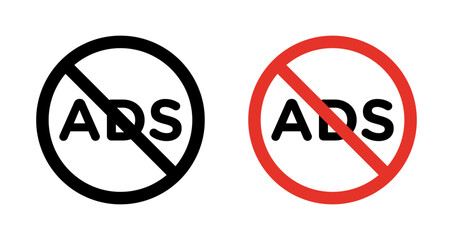 Ad blocker icon set. Ban and stop add vector symbol in a black filled and outlined style. Anti add pop up sign.