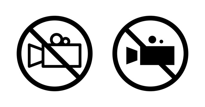 No recording icon set. Camera recording prohibition vector symbol in a black filled and outlined style. Prohibited photography sign.