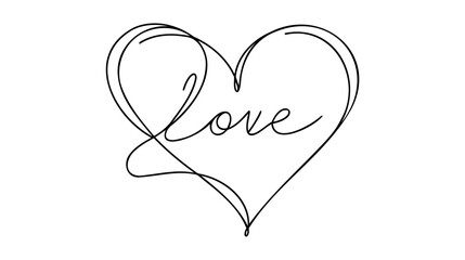 One line drawing. Handwritten word love with doodle heart shape. Lettering outline.