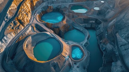 Aerial view of deep excavation sites with vibrant mineral pools, titanium mine - obrazy, fototapety, plakaty
