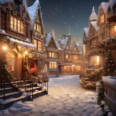 Christmas and New Year holidays concept. Winter city at night with snow.