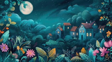 Obraz na płótnie Canvas grungy noise texture art, small village in green scenery, whimsical fantasy fairytale contemporary creative illustration, Generative Ai