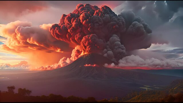 4K video clip of The volcano erupted releasing large clouds of black smoke and charcoal into the sky.