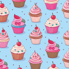 Seamless pattern with doodle style cupcakes