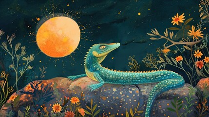 grungy noise texture art, lizard at night time , whimsical fantasy fairytale contemporary creative illustration, Generative Ai